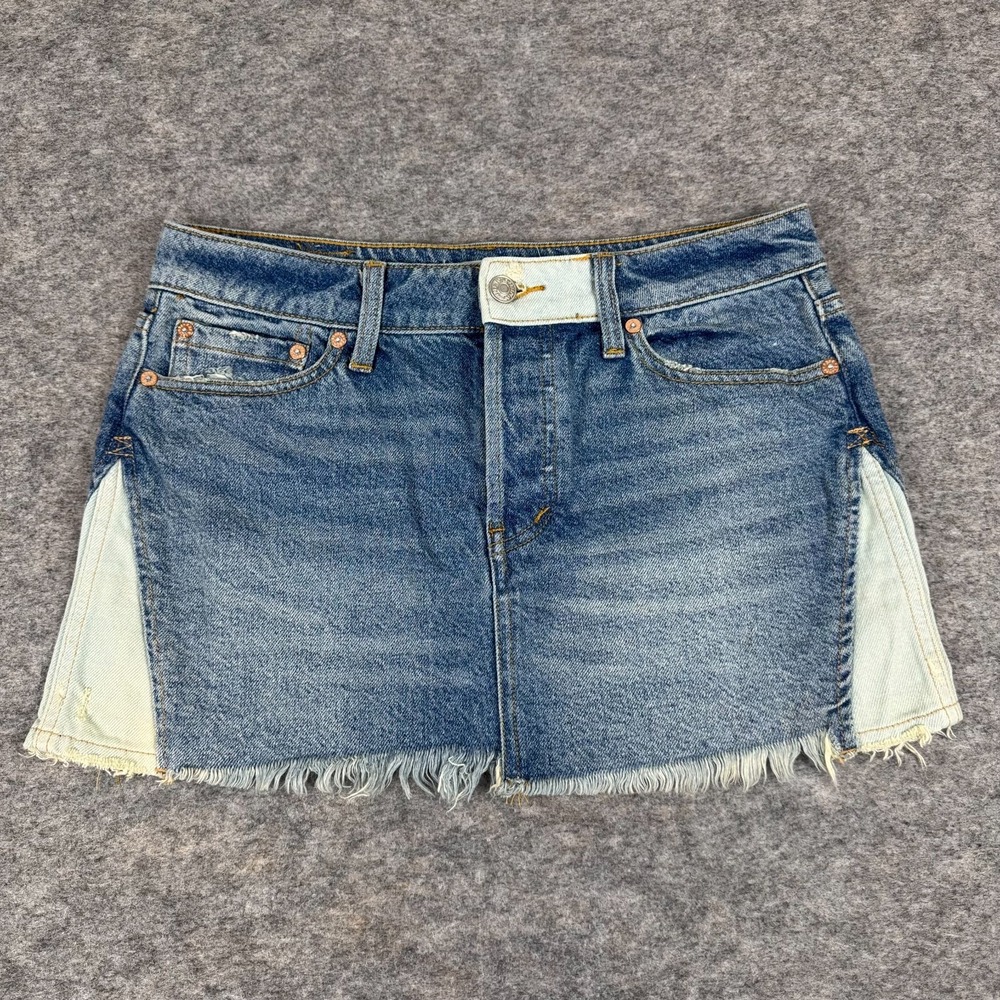 We The Free People Patched Up Indigo Ripped Raw‎ Hem Denim Skirt Womens 26